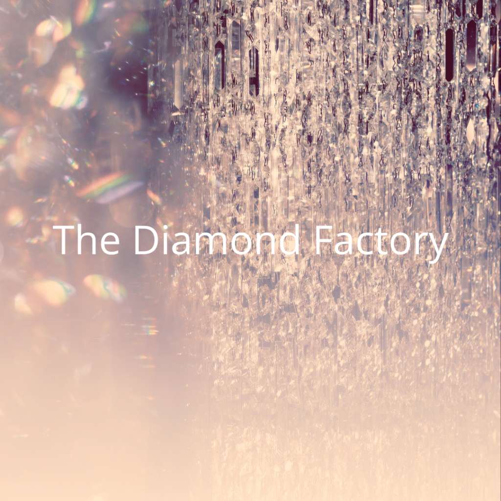 Muted image of glittering castle-like wall with diamond-like blurred foreground obscuring the left side. White text overlay: The Diamond Factory